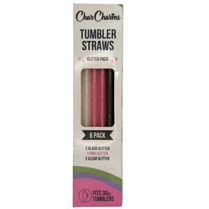 Char Charms Tumbler Straws 6 Pack Glitter Black Pink Clear Reusable BPA Free